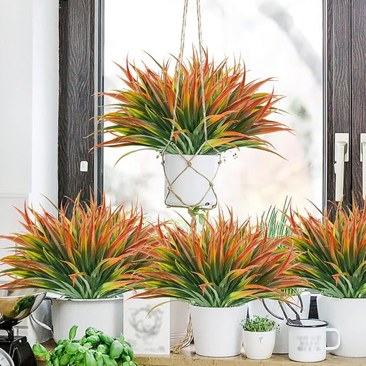 Artificial Fake Grass,12PCS Outdoor Faux Grasses Plastic Plants Greenery UV Resistant for Outside Home Windowbox Garden Office Patio Hanging Planter Front Porch Fall Décor (Red)