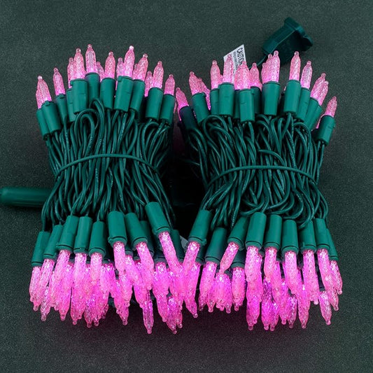 YULETIME Pink LED Faceted Christmas Lights 200 Count 50 ft, Pack of 2 Strands 25 ft 100 Lights UL Certified Commercial Grade Green Wire Mini Holiday String Light Set (Pink)