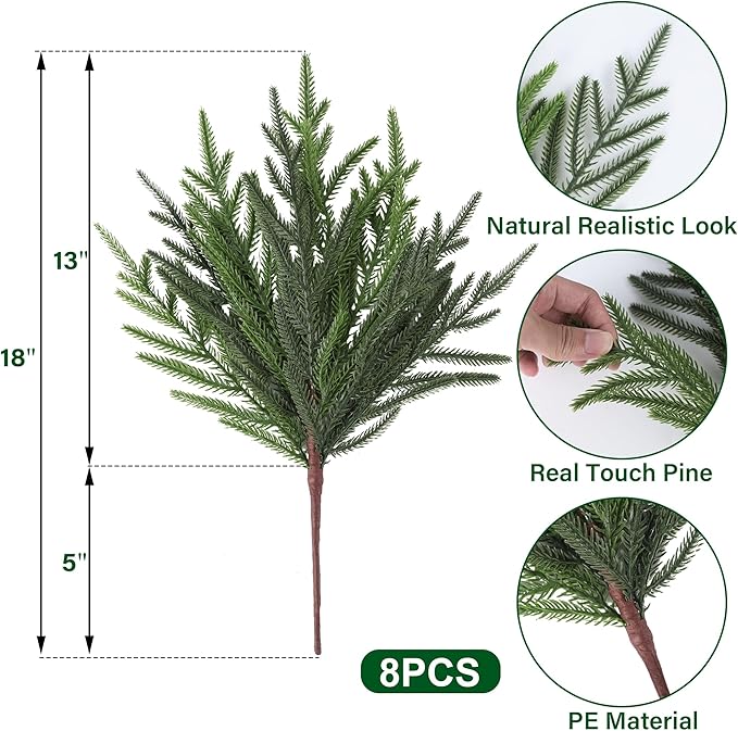 18″ Artificial Norfolk Pine Stems - 8 Pack Real Touch Christmas Decorations Indoor, Modern Tabletop Greenery for Vases, Festive Home Decor (Faux Pine, Xmas Plants Decor)