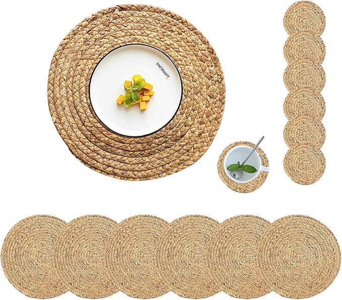 Round Woven Placemats Set of 6 with 6 Coasters Natural Water Hyacinth Place Mats, 13.5 Inch Rattan Placemats Wicker Farmhouse Boho Straw Heat Resistant Outdoor Placemats Patio Table Mats