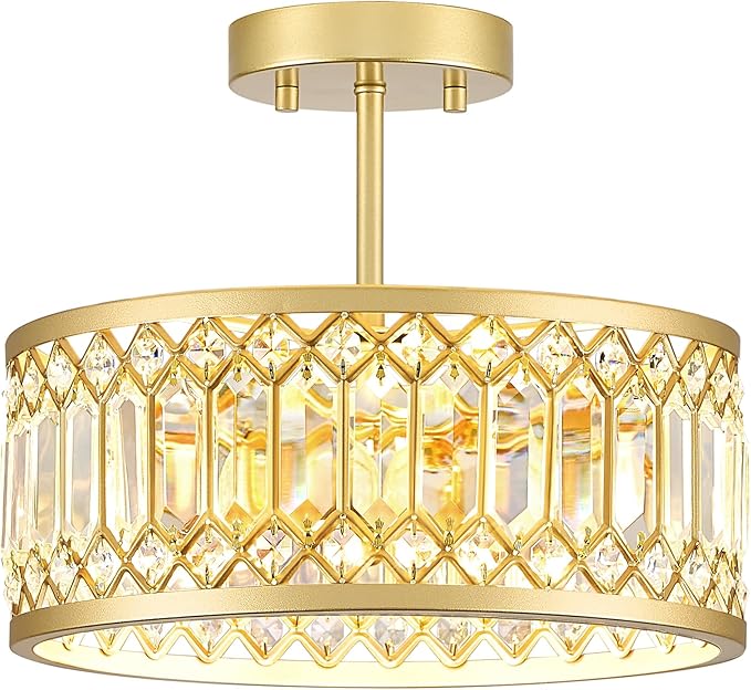Crystal Ceiling Light Fixture, Modern Semi Flush Mount Light, Gold Lighting Fixtures Ceiling Chandelier for Kitchen, Bedroom, Dining Room, Hallway, 3-Light, 12.2 Inch