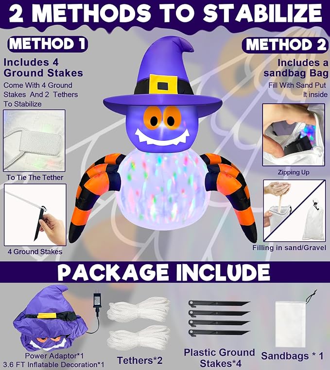 TURNMEON 3.6 Ft Halloween Inflatables Spiders Wear Witch Hat Decorations Outdoor with Rotating Colorful Lights 4 Stakes 2 Tethers 1 Sand Bag Blow Up Halloween Decoration Yard Lawn Garden Holiday Party