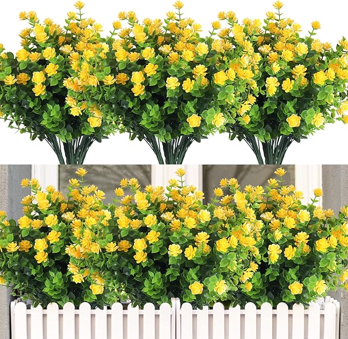 RECUTMS 12 Bundles Outdoor Artificial Flowers UV Resistant Fake Boxwood Plants, Faux Greenery for Indoor Outside Hanging Plants Garden Porch Window Box Home Wedding Farmhouse Décor(Yellow)
