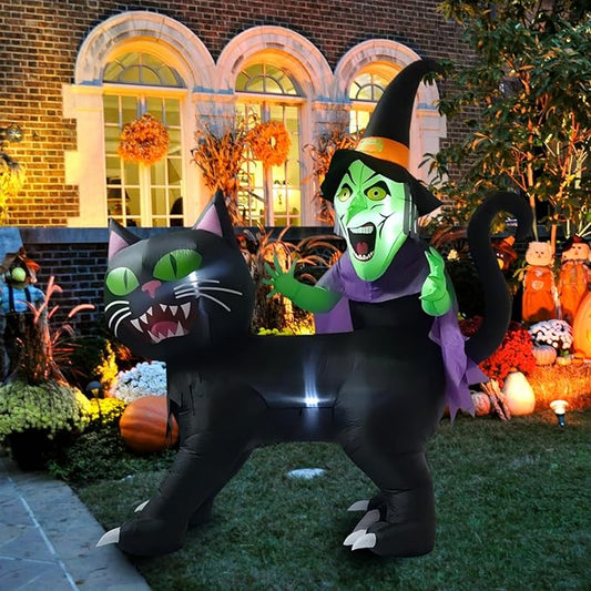 LANGXUN 8ft Witch Riding Black Cat 2025 Halloween Inflatable Decoration - Giant Blow-Up Yard Decor with LED Lights for Outdoor Lawn, Garden, Patio Cute Skeleton Ghost Hoilday Yard Party Decor