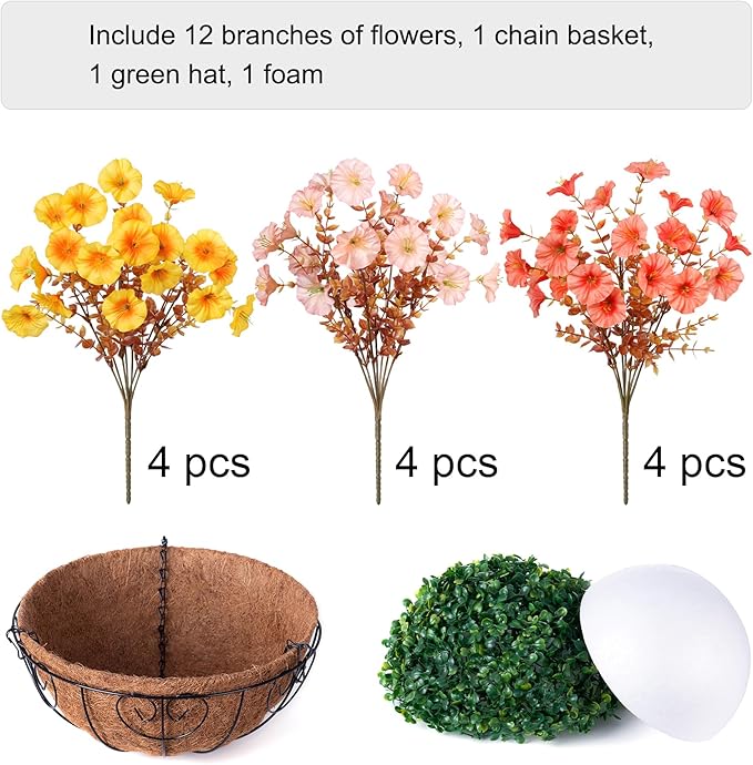 Artificial Fall Flowers Fake Hanging Plants Flowers Basket for Outdoors Autumn Decoration, Silk Morning Glory with Eucalyptus Look Real UV Resistant Faux Flowers for Outside Porch Patio Balcony, Mix