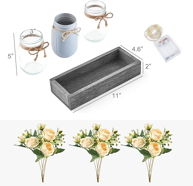 Mkono Mason Jar Lights Centerpiece Table Decor for Dining Room Farmhouse Wood Tray with 3 Jars Flowers Center Pieces Spring Decor for Coffee Table Kitchen Living Room, Grey Blue