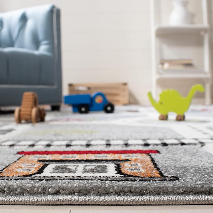 SAFAVIEH Carousel Kids Collection 6'7" Square Grey/Ivory CRK192F Neighborhood Road Non-Shedding Playroom Nursery Bedroom Area Rug