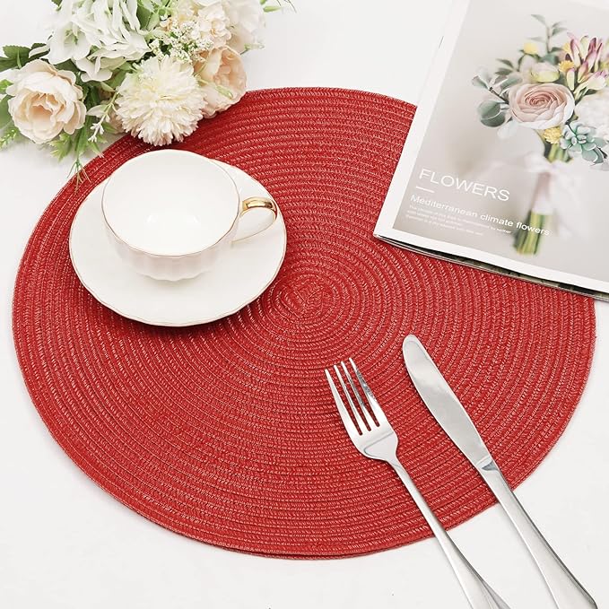 SHACOS Round Placemats Set of 6 Woven Braided Polyester 15 inch Circle Placemat for Dining Tables Kitchen Table Mats Washable for Christmas Home Wedding Party Table Decor (Red, 6)