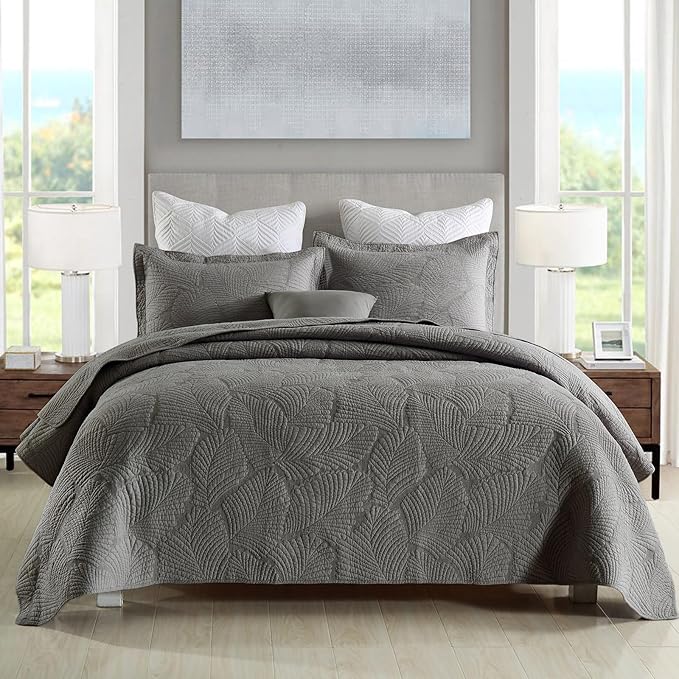 mixinni Grey Palm Tree Pattern Soft Cotton Quilt Set for Him and Her-King Size
