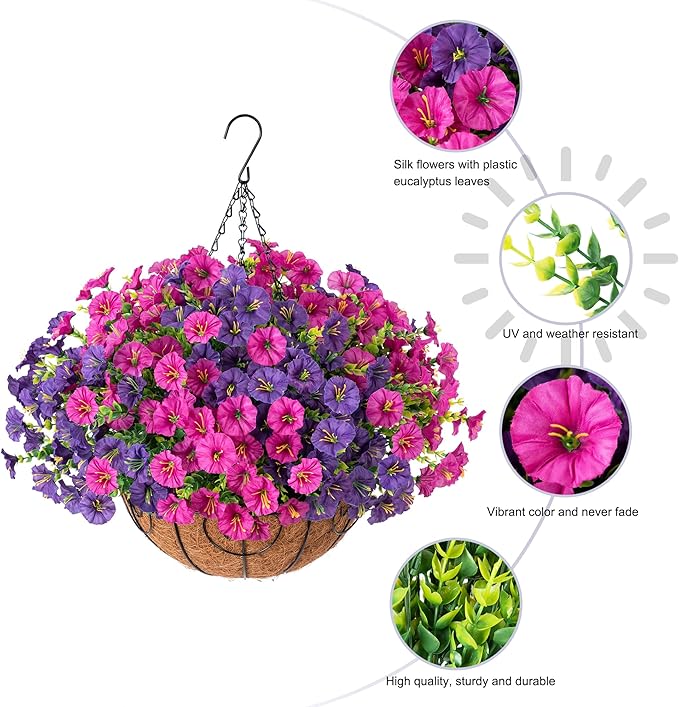 Artificial Faux Hanging Flowers Plants Basket for Spring Summer Outdoors Decoration, Silk Morning Glory with Eucalyptus Look Real UV Resistant Fake Flowers for Outside Porch Patio Balcony Home, Mix