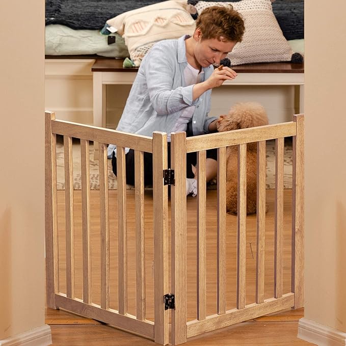 LZRS 2-Panel Wooden Free Standing Foldable Dog Gate – Solid Hardwood 24" High, Step-Over Safety Pet Gate for Doorways, Stairs & Small Spaces - Indoor Use, Natural