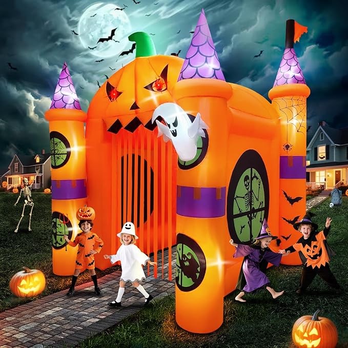 Kalolary 12FT Halloween Inflatables Archway Pumpkin Haunted House, Giant Pumpkin Ghost Arch Inflatable with Built-in Lights Blow Up Halloween Outdoor Yard Decoration for Garden Lawn Outdoor Decors