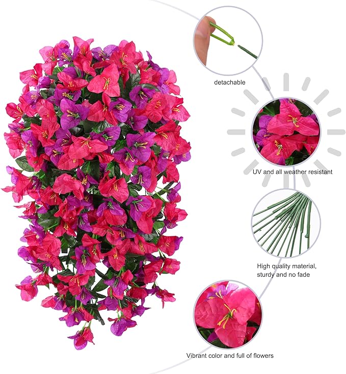 Faux Bougainvillea Artificial Flowers Plants for Outdoor Outside Spring Decoration, 2pcs Fake Silk Long Trailing Vines UV Resistant Realistic for Front Door Porch Planter Urn Patio Balcony Yard, Mix