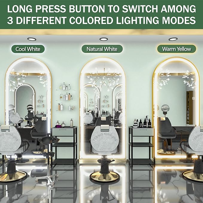 FENNIO Full Length Mirror with Lights, 70" x 32" LED Full Body Mirror, Arched Wall Mounted Hanging Mirror with Lights for Bedroom, Salon, 3 Color Lighting, Tempered Glass, Brushed Aluminum Frame