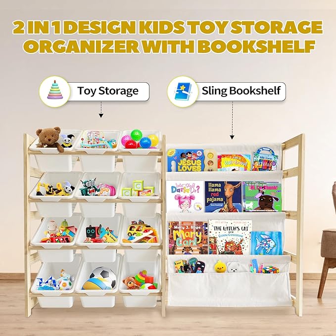 Toy Storage Organizer with Bookshelf - 12 Storage Bins 4-Tier Multipurpose Shelf to Organize Toys and Books for Kids Room, Playroom, Nursery Room, White