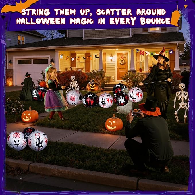 10 PCS 11.8 inch Hanging Halloween Decorations Ball Set, Inflatable Hanging Halloween Ornament Balls with Bloody Handprints, Haunted Castles, Creepy Faces, Black Cats and Pumpkin for Yard,Party Decor