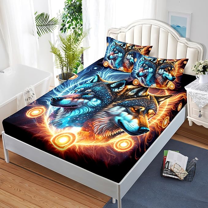 AILONEN Boys Wolf Fitted Sheet Set Full Wolf Bed Sheet Set, Wildlife Animal Theme Fitted Sheet with 2 Pillowcases,3 Pieces Ice and Fire Light Wolves Print Fitted Sheet Set
