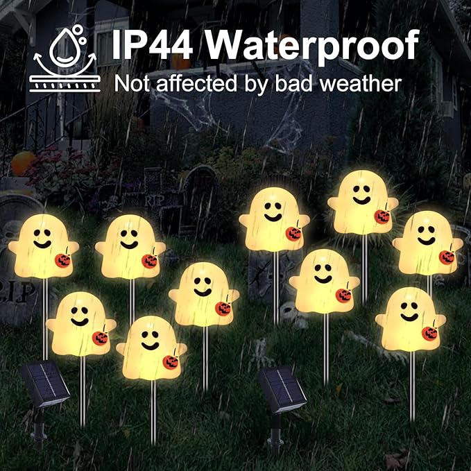 olar Halloween Ghost Pathway Lights, 10 Pack Ghost Stake Lights with Pumpkin Design, Durable Waterproof Outdoor Halloween Decoration for Garden, Walkway, and Yard (Warm White)
