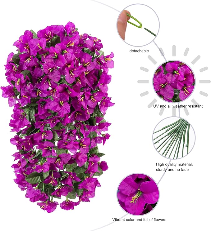 Artificial Faux Bougainvillea Flowers Plants for Outdoor Outside Summer Decoration, 2 pcs Fake Silk UV Resistant Look Real Long Trailing Vines for Front Door Porch Planter Urn Patio Balcony, Purple