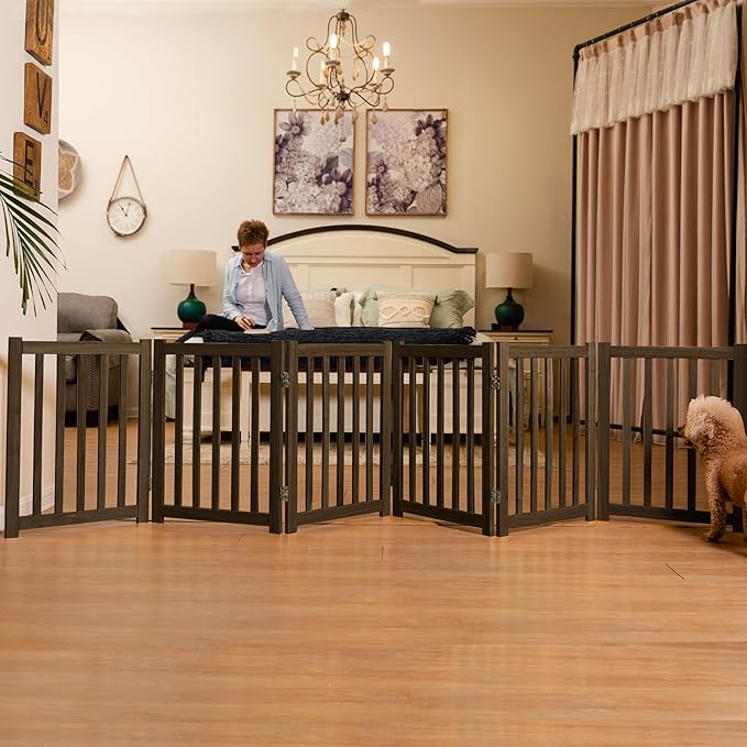 LZRS 6-Panel Extra-Wide Freestanding Wooden Dog Gate – 24”High Foldable Safety Pet Barrier for Doorways, Hallways, Kitchens, and Long Staircases, Durable Design fit Small to Medium Dogs, Walnutl