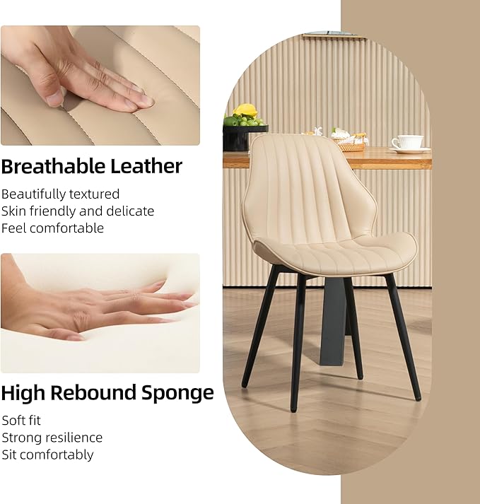 Finnhomy Dining Chairs Set of 2, Mid-Century Modern Upholstered Dining Chairs, Armless Faux Leather Accent Chairs with Backrest, Living Dining Room Chairs with Metal Legs for Dining Room, Khaki