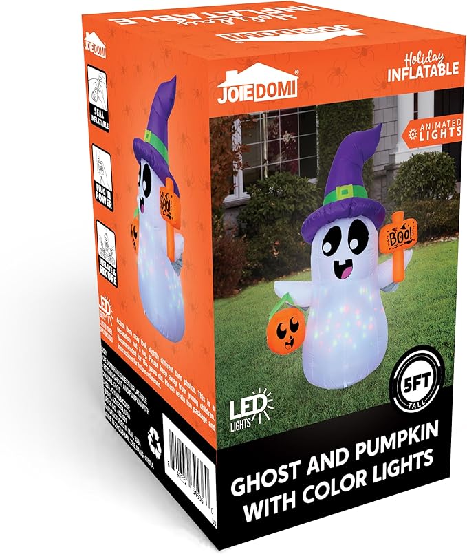 Joiedomi 5 FT Halloween Inflatables Ghost Outdoor Decorations, Blow Up Cute Wizard Ghost with Pumpkin, Blow Up Yard Decoration with Rotating Colorful LED for Halloween Lawn Garden Party Decor