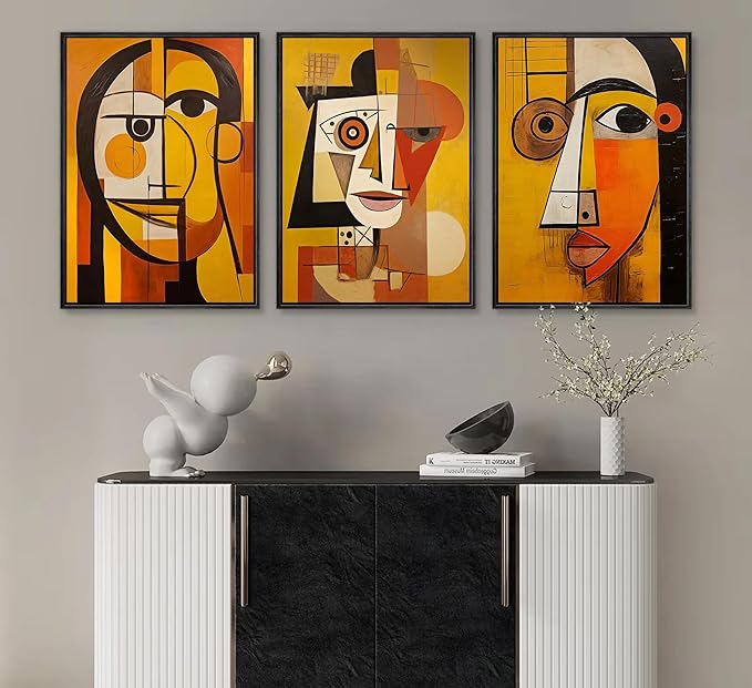3Pcs Modern Abstract Portrait Canvas Wall Art Vintage Neutral Geometry Orange Contemporary Aesthetics Painting Picture Wall Decor Poster Print Artwork for Bedroom Living Room Office Bathroom Unframed