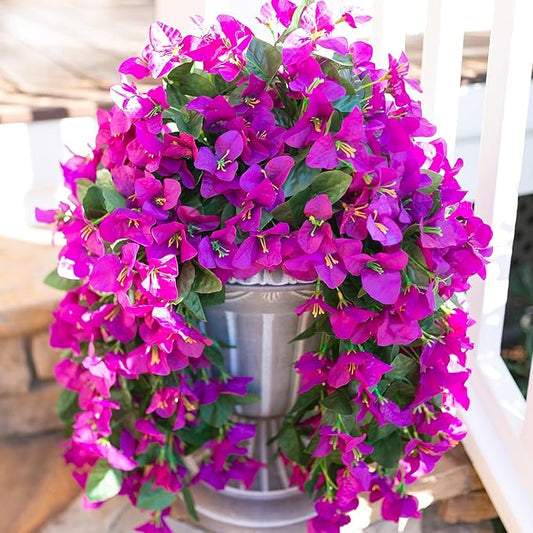Artificial Faux Bougainvillea Flowers Plants for Outdoor Outside Summer Decoration, 2 pcs Fake Silk UV Resistant Look Real Long Trailing Vines for Front Door Porch Planter Urn Patio Balcony, Purple
