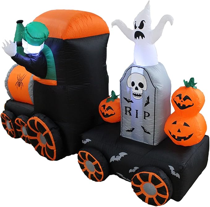 7 Foot Long Halloween Inflatable Skeleton on Train LED Lights Outdoor Indoor Holiday Decorations, Blow up Lighted Yard Decor, Giant Lawn Inflatable Home Garden Party Favor Decoration