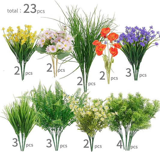 23Pcs Outdoor Artificial Boxwood UV Resistant Fake Stems Plants, Faux Plastic Greenery for Indoor Outside Hanging Plants Garden Porch Window Box Home Wedding Farmhouse Décor