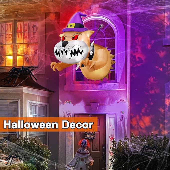 4 Ft Halloween Inflatable Fierce Bulldog Broke Out from Window Outdoor Halloween Decorations Blow Up Scary Dog with Red Eyes Build-in LEDs Halloween Party Indoor Outside Home Yard Garden Lawn Decor