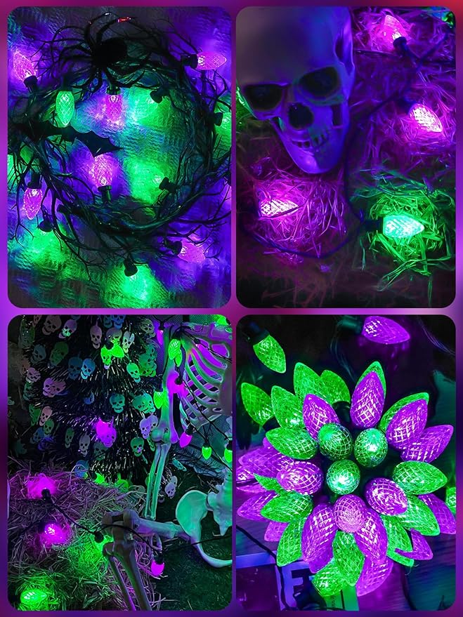 2 Pack 100LED Purple and Green C9 Halloween Lights Indoor Outdoor, 66 FT String Lights Extendable Waterproof Plug in LED Strawberry Lights Halloween Decorations for Black Tree Garden Patio Party Yard