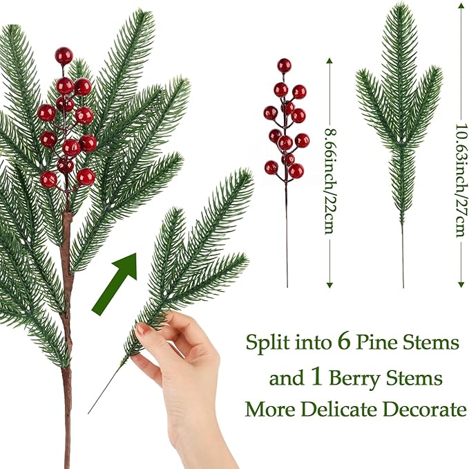 12Pcs/84Pcs Christmas Artificial Pine Branches with Red Berry Stems, 18‘’ Faux Greenery Christmas Picks, Real Touch Fake Floral Leaves Branch for Xmas Decorations Indoor DIY Craft Garland Home Decor