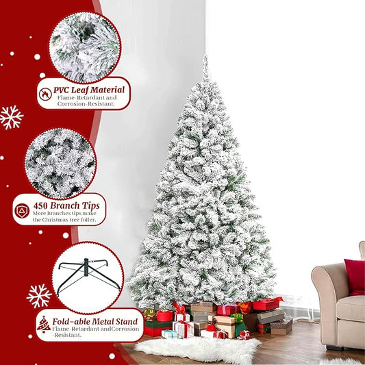 4ft Flocked Artificial Christmas Tree, Arbol de Navidad with 450 Branch Tips, Fake Christmas Tree, Premium Spruce Xmas Tree with Fold-Able Metal Base Stand