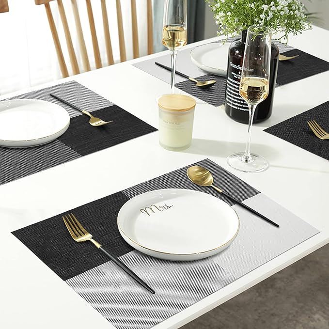 HeloHo Placemats Set of 4 Black and White Grid PlacematsPlacemats Washable Vinyl Woven Table Mats Wipeable Dining Placemat for Kitchen Dining Table Decoration Indoor Outdoor