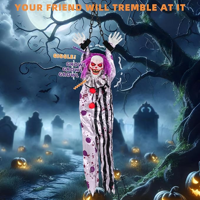 Halloween Decorations Outdoor and Indoor,Scary Halloween Animatronics Clown,Hanging Clown with Light-Up Eyes and Creepy Sound,Party Decorations for Yard Lawn,Haunted House Decor