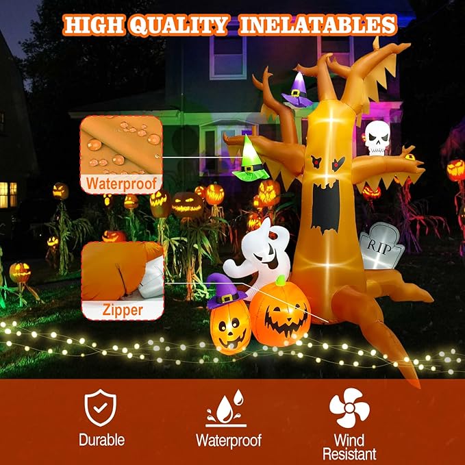 8.4FT Halloween Inflatable Spooky Tree, Halloween Blow up Tree Inflatable with Ghost Pumpkin Skull Wizard Hat Tombstone Built-in 7 LED for Halloween Party Parade Haunted House Outdoor Decor