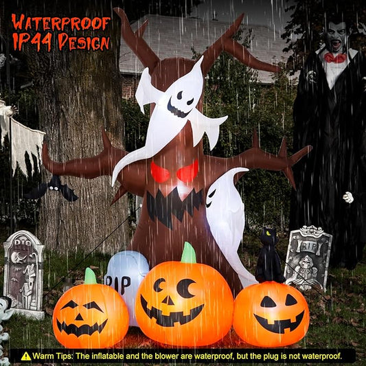 8FT Halloween Inflatable Dead Tree Outdoor Decorations with Ghosts & Pumpkins, Halloween Blow Up Yard Decoration with Build-in LEDs for Holiday/Halloween Party/Garden/Lawn