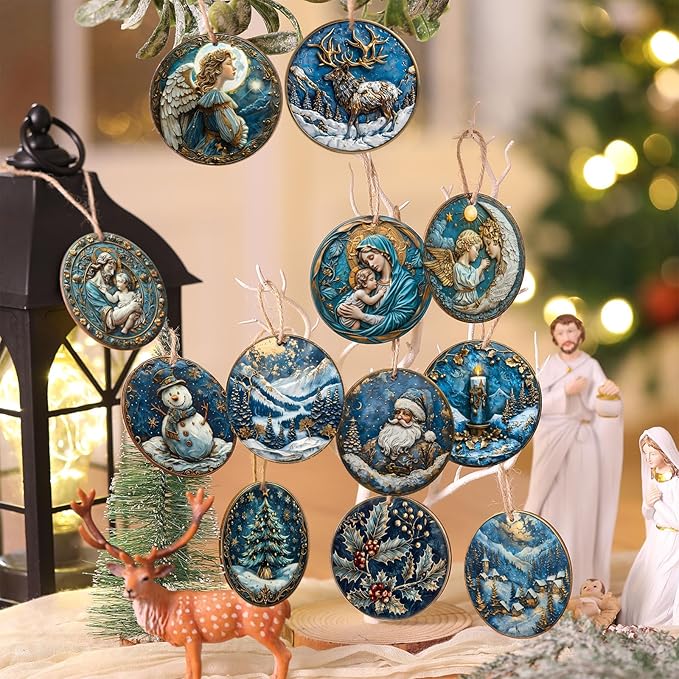 Suzile 36 Pcs Christmas Wooden Ornaments Navy Blue Christmas Tree Decoration Retro Round Nativity Scene Snowman Ornaments Vintage Xmas Hanging Decoration for Farmhouse Home Wreaths Winter Party
