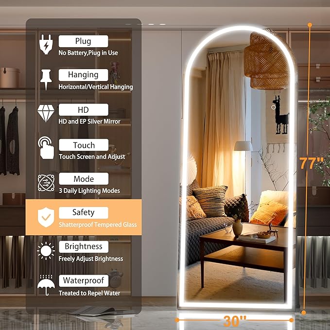 Hasipu 77" x 30" Led Mirror Full Length, Full Length Mirror with Lights Arch Design, Full Length led Mirror,Tempered Glass,Shatter-Proof, Dimming & 3 Color Modes for Bedroom Cloakroom-UL