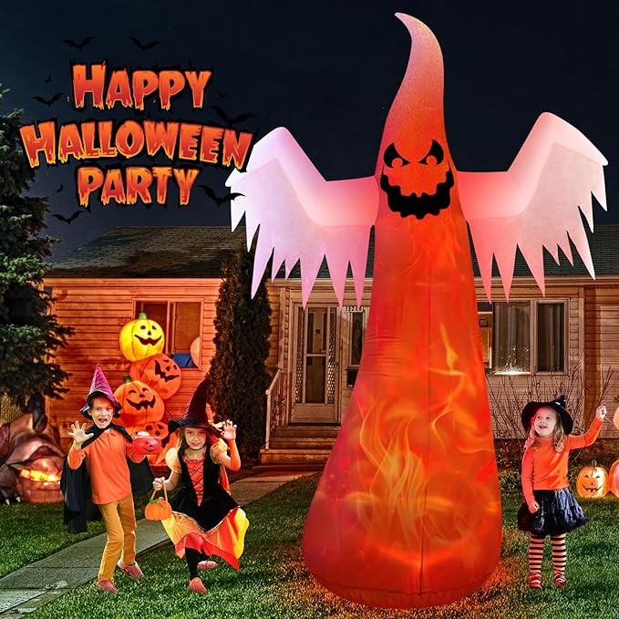 12FT Giant Halloween Inflatables Decorations Outdoor Ghost Built-in 3-Color Changing Rotating Flame LEDs Blow Up Yard Inflatables Halloween Large Scary Spooky for Outside Patio Lawn