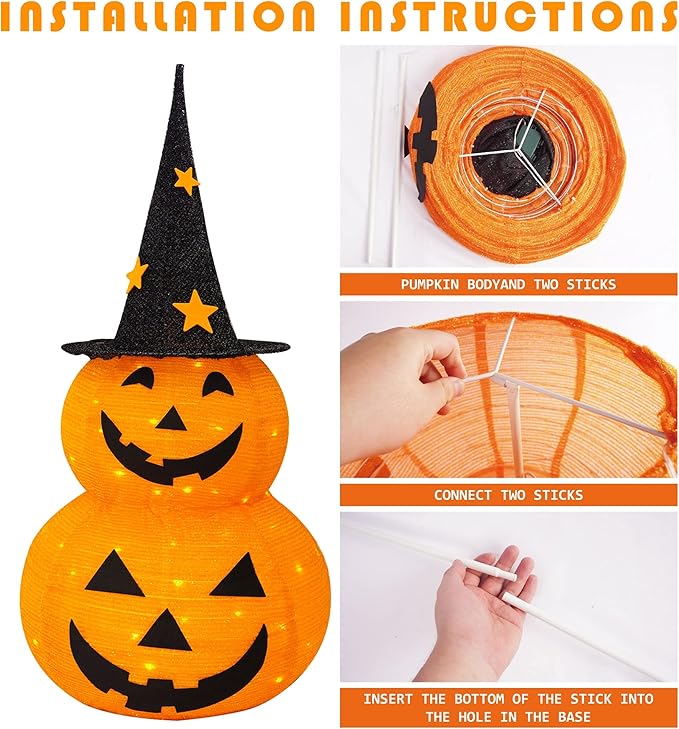 NEROSUN Halloween Decorations, 3 FT Pop Up Collapsible Pumpkin, Pre-Lit 50 LED Lighted Pupmkin Man with Star Hat, Jack o' Lantern with Metal Stand for Outdoor Indoor Garden Yard Home Party Decor