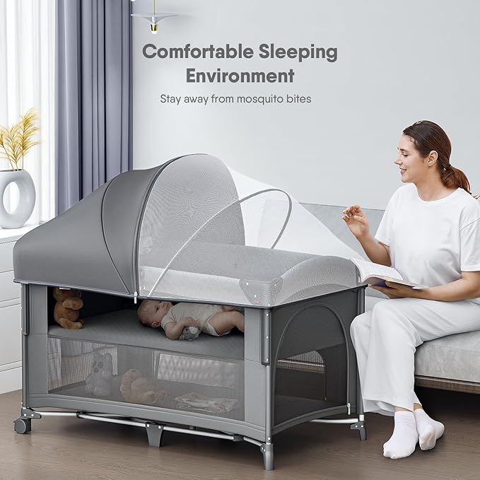 4 in 1 Baby Bassinet, Pack and Play, Bedside Crib Sleeper, Diaper Changer - Comes with Mattress, Mosquito Net,Bottom Storage and Toy Bar for Newborn to Toddles