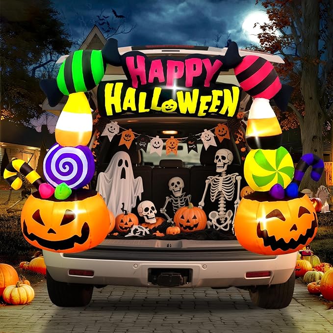 Kalolary 6FT Height Halloween Inflatables Trunk or Treat Car Decorations, Candy Pumpkin Arch Blow up Decorations with Built-in LED Lights Up for Halloween Party Lawn Yard SUV Car Luggage Decor