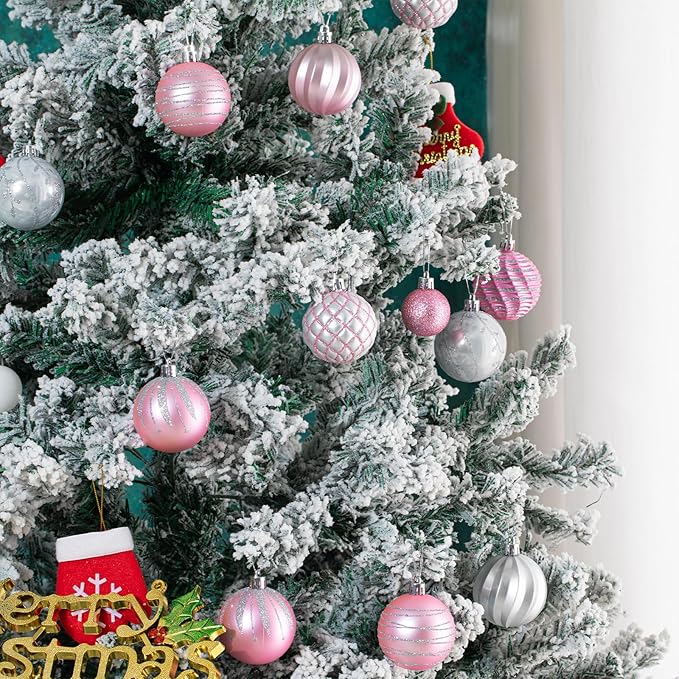 100Pcs Christmas Ball Ornaments Set, Assorted Shatterproof Christmas Ornament, Christmas Tree Theme Hanging Decoration for Xmas Tree Holiday/Party/Home Decor (Pink & Silver & White)