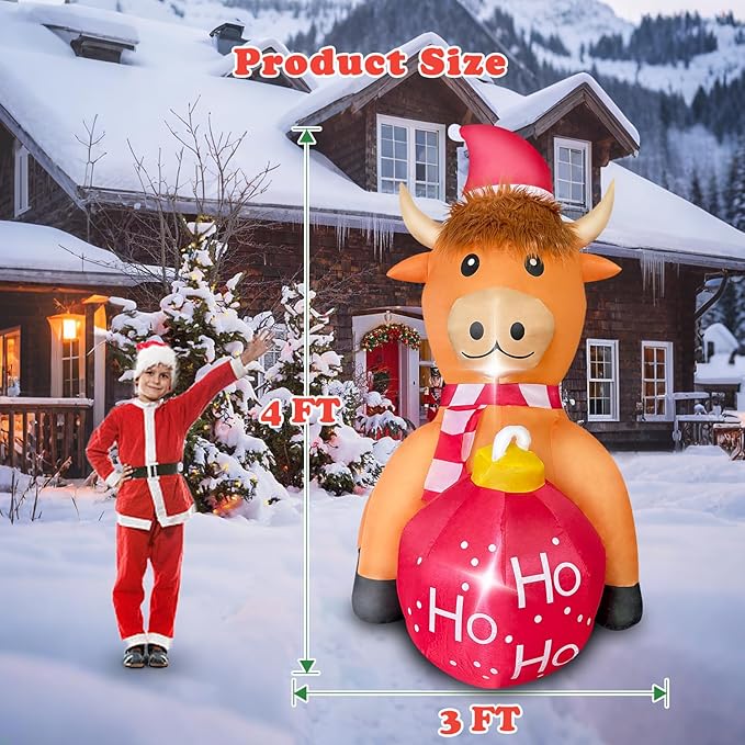 Christmas Inflatable Cow Outdoor Decoration with Christmas Ball, 4FT Blow Up Yard Decoration with Built-in LEDs for Garden Lawn Indoor Party Holiday Decor