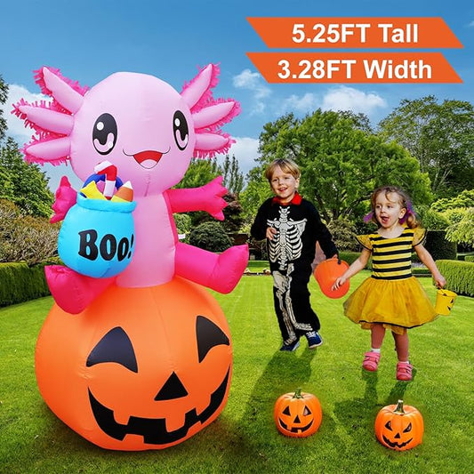 anroog Halloween Decorations Outdoor 5.2FT Axolotl Inflatables Pumpkin Blow Up Yard Decorations with LED Lights Halloween Outside Lawn Party Decor (Axolotl Pumpkin Inflatables)