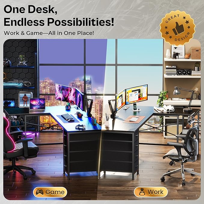 Huuger 55 Inch L Shaped Desk with Fabric Drawers, Reversible Computer Gaming Desk with Power Outlets and USB-C Port, Adjustable Side Storage Shelves, for Work Study Corner Home Office, Black