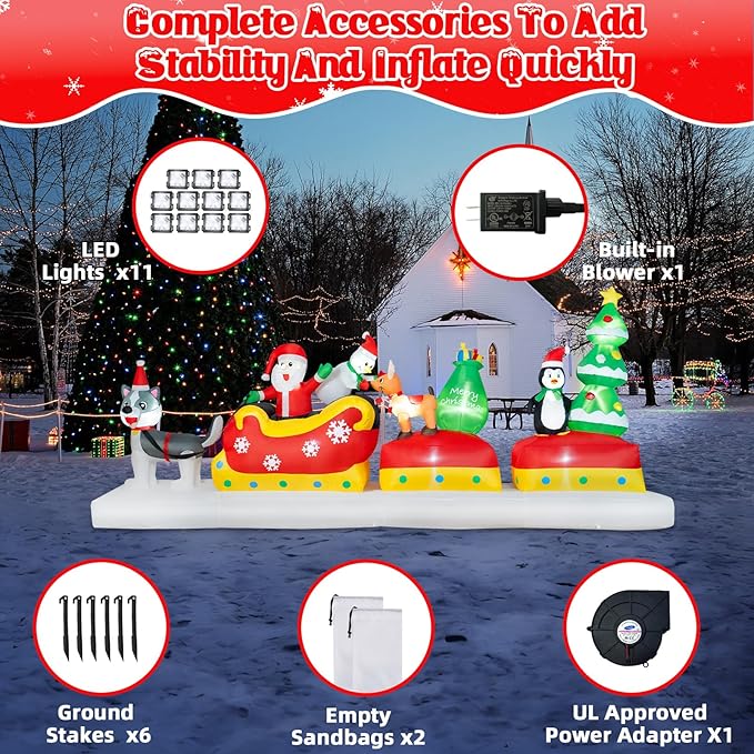B&D 12FT Long Christmas Inflatables Outdoor Decorations, Inflatable Santa Claus on Dog Sled with Snowman, Penguin, Reindeer Blow up Christmas Decorations Built-in LEDs for Xmas Garden Yard Lawn Roof