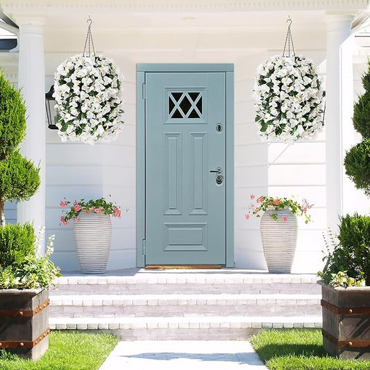 Artificial Bougainvillea Faux Flowers Plants Baskets for Outdoor Outside Summer Decoration, 3 PCS Fake Silk Long Hanging Vines UV Resistant Realistic for Front Door Porch Patio Balcony, White